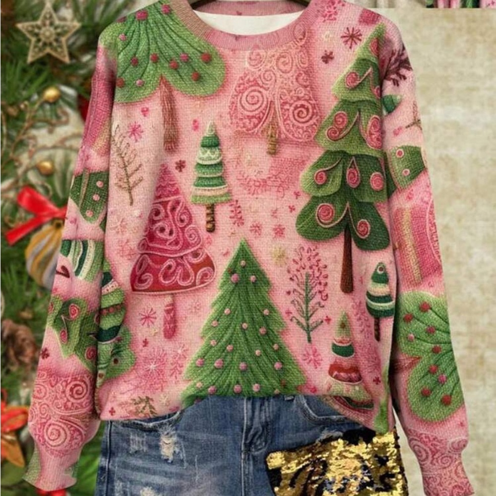 Festive Pink and Green Christmas Sweatshirt - Picture 4 of 4